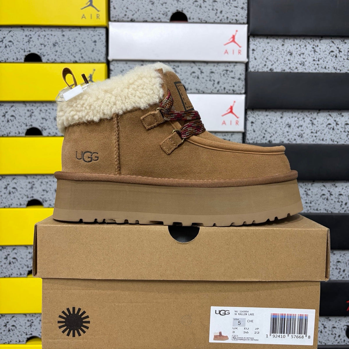 UGG Goldenstar Crafted Lace Women's Boot – Suede Moc-Toe Ankle Boot with Shearling Lining, Multi-Colour Woven Lace & Chunky Platform Sole in Chestnut