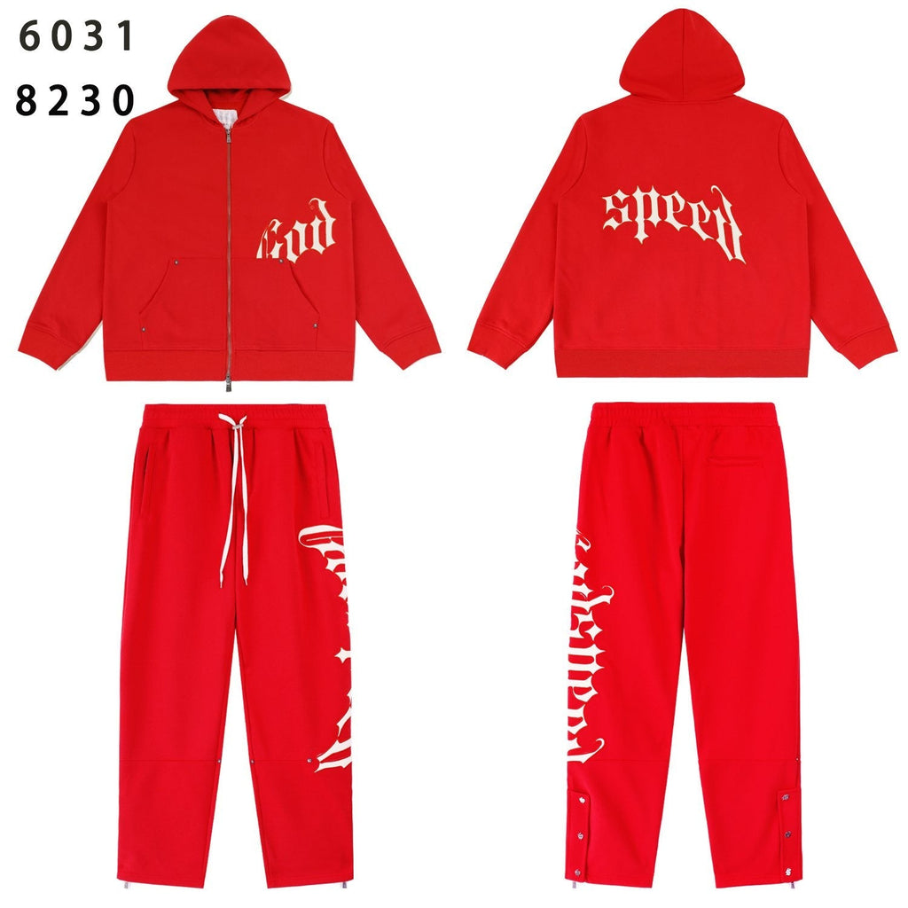 Godspeed Red Gothic Print Zip Hoodie Tracksuit Set