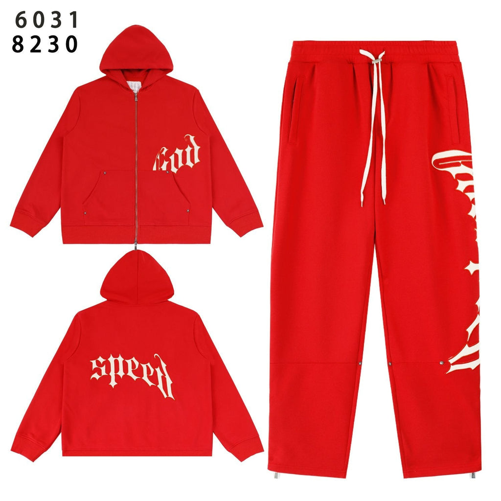 Godspeed Red Gothic Print Zip Hoodie Tracksuit Set