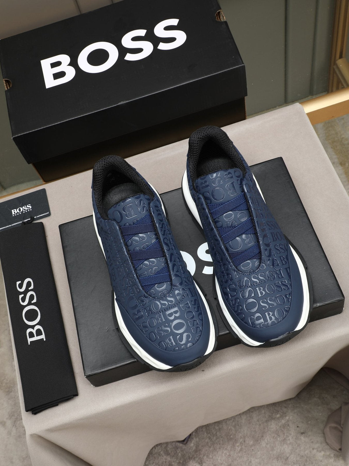 BOSS Navy Textured Slip-On Sneakers - Padded Collar