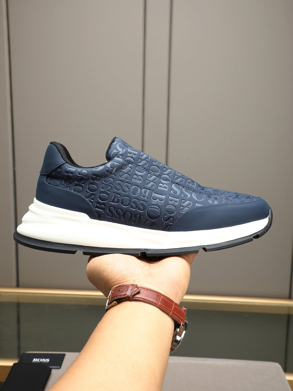 BOSS Navy Textured Slip-On Sneakers - Padded Collar