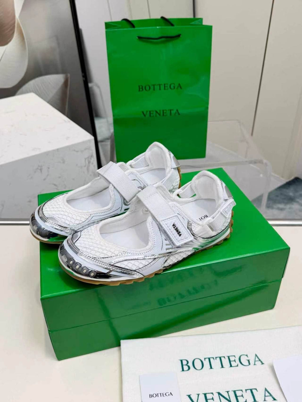 Bottega Veneta White Mesh Strap Sneakers
