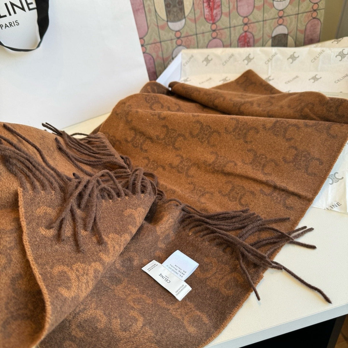 CELINE Brown Monogram Fringed Scarf