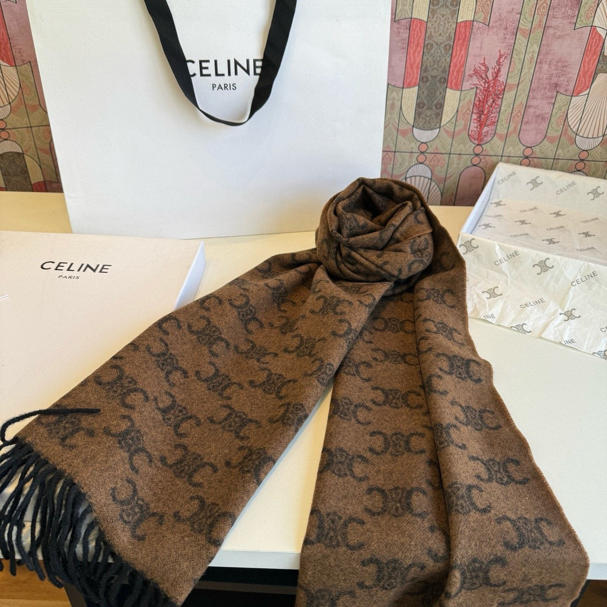 CELINE Brown Monogram Fringed Scarf