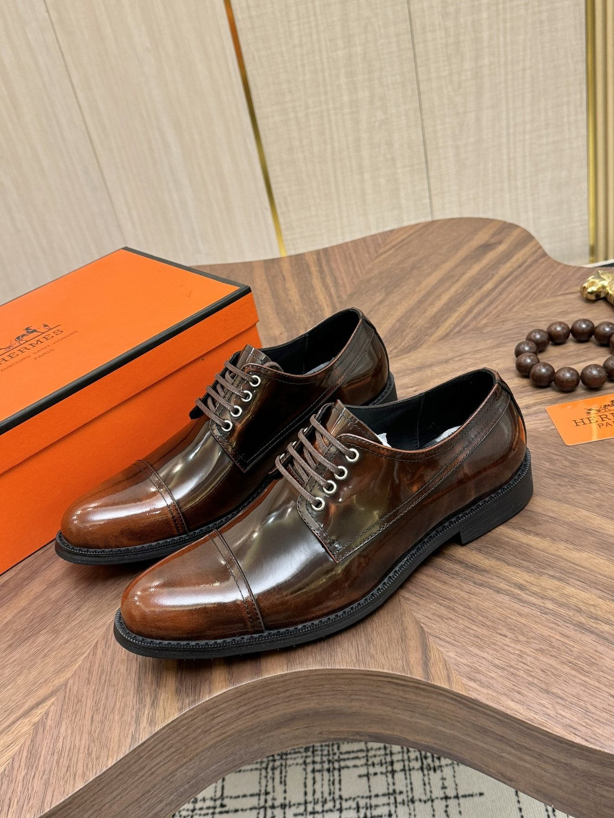 Hermès Polished Leather Lace-Up Dress Shoes